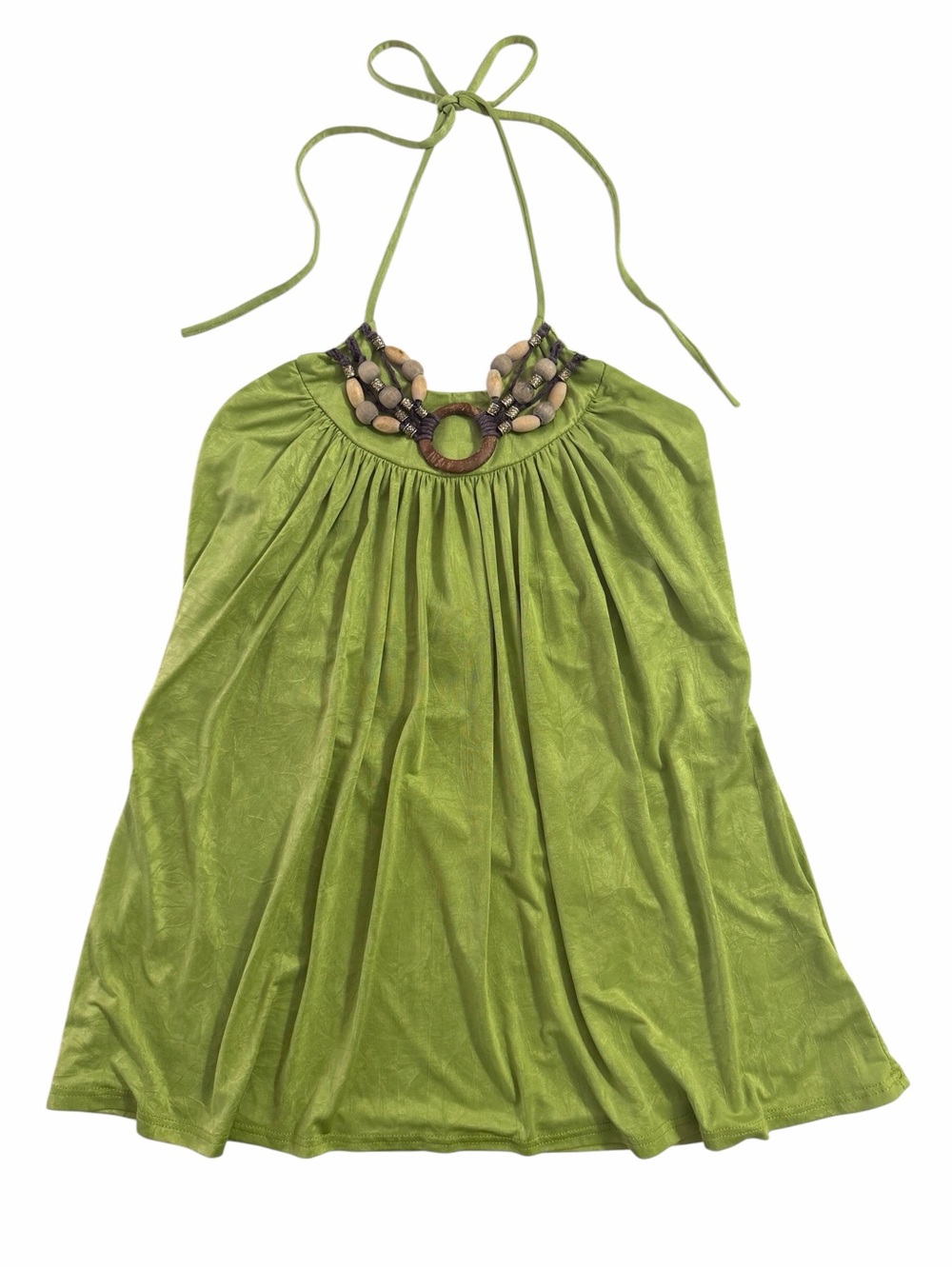 Y2K USA Kiwi Green Beaded Boho Baby Doll Festival Halter Top